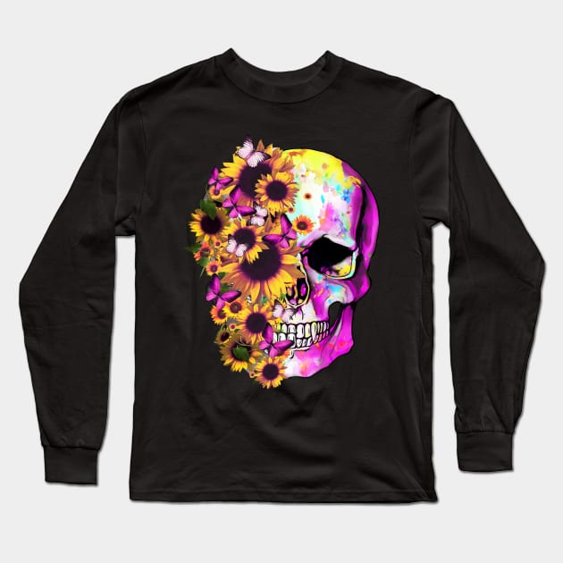 Tattoo skull floral sunflowers watercolor design Long Sleeve T-Shirt by Collagedream